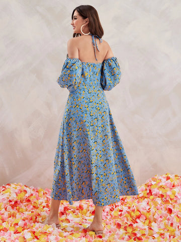 Modely Ditsy Floral Print Cold Shoulder Split Thigh Dress