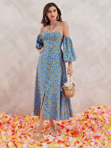 Modely Ditsy Floral Print Cold Shoulder Split Thigh Dress