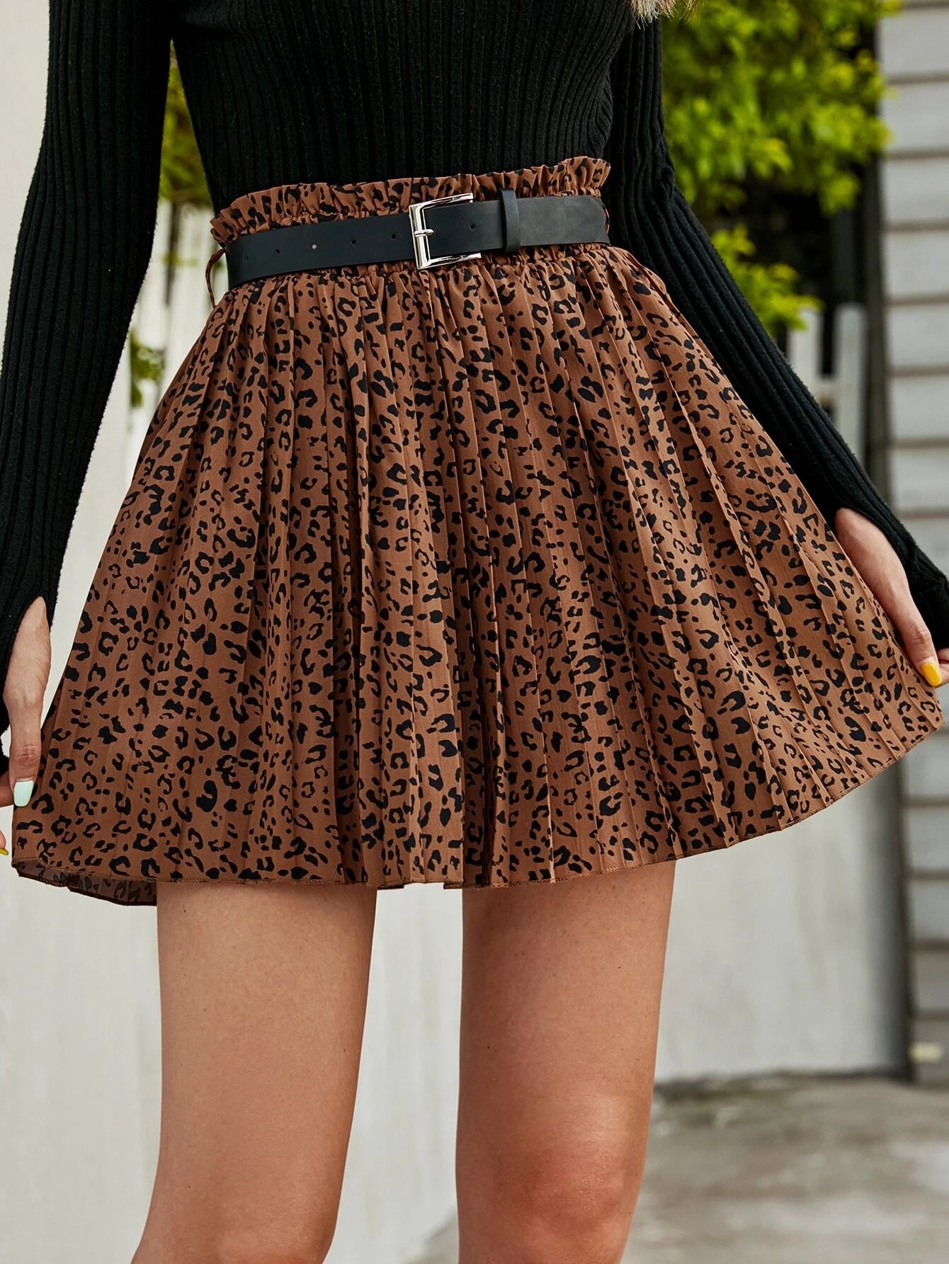 Frenchy Paperbag Waist Leopard Print Belted Skirt