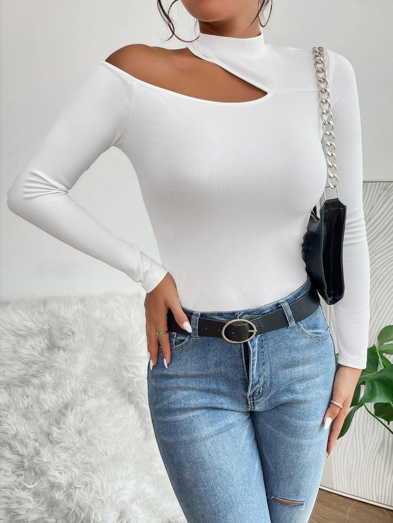PETITE Mock Neck Cut Out Tee