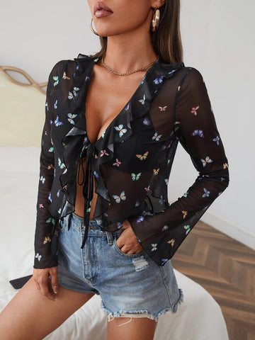 Butterfly Print Ruffle Trim Knot Front Crop Mesh Top Without Bra