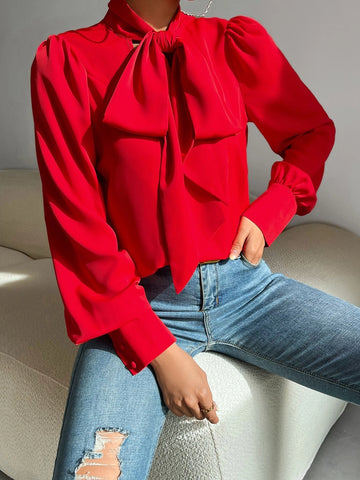 Solid Tie Neck Puff Sleeve Shirt