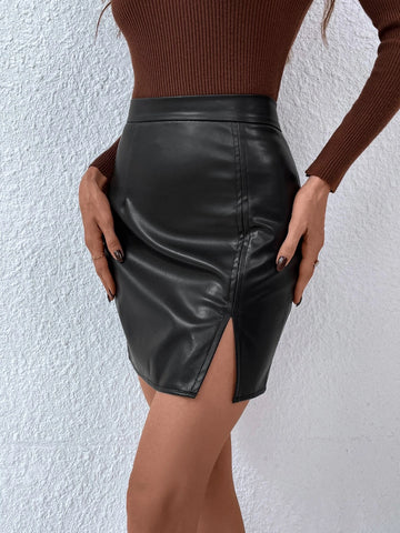 Split Hem PU Skirt