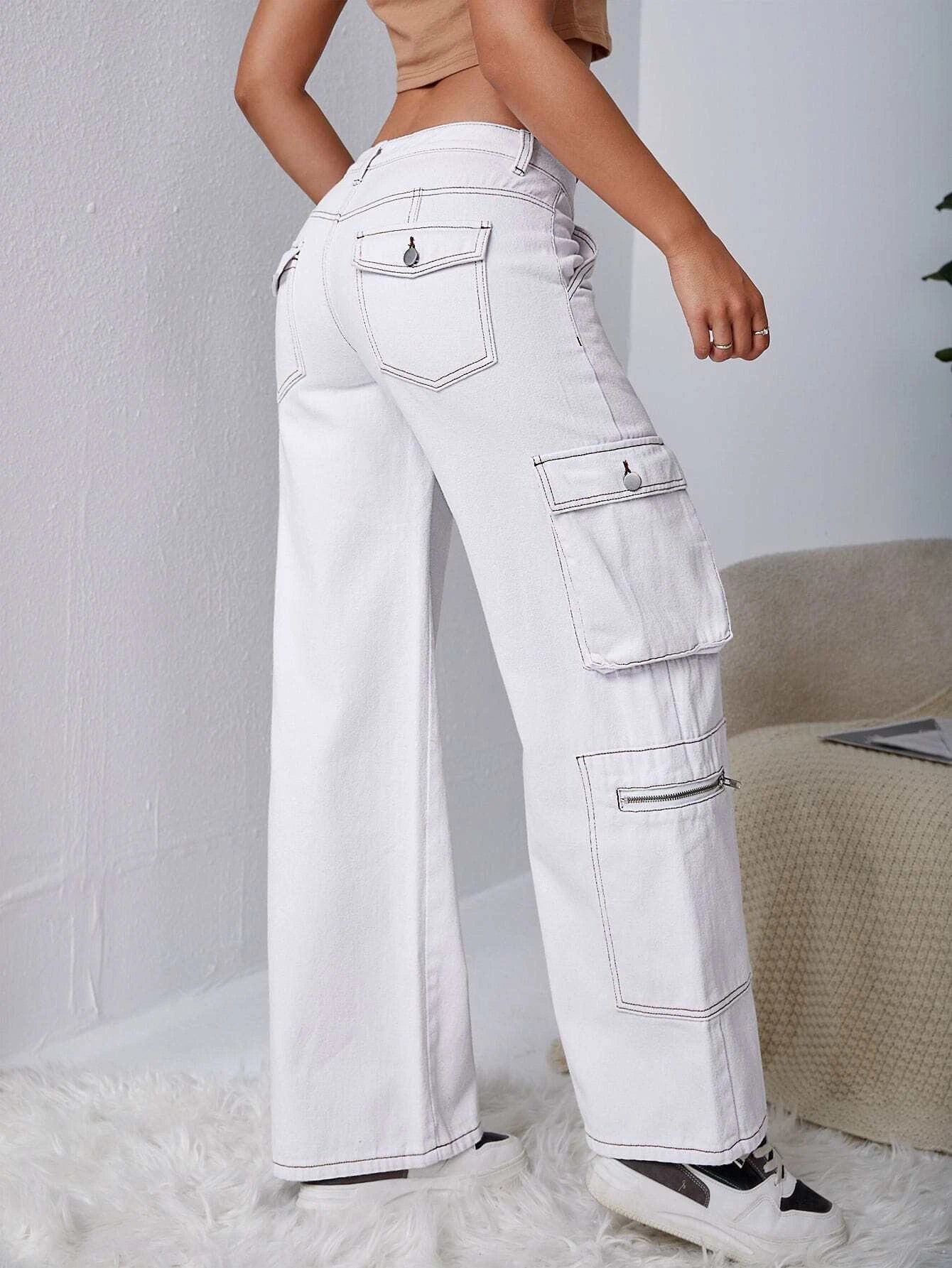 Solid Flap Pocket Side Cargo Jeans