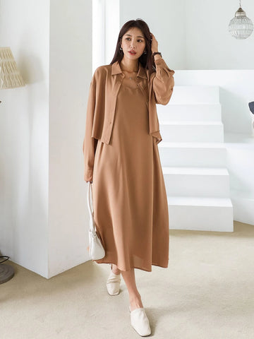 DAZY Solid Button Front Shirt & Cami Dress