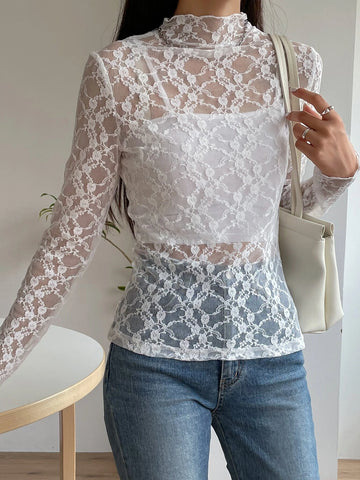 DAZY Mock Neck Lace Top Without Camisole