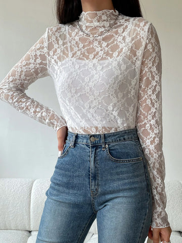 DAZY Mock Neck Lace Top Without Camisole