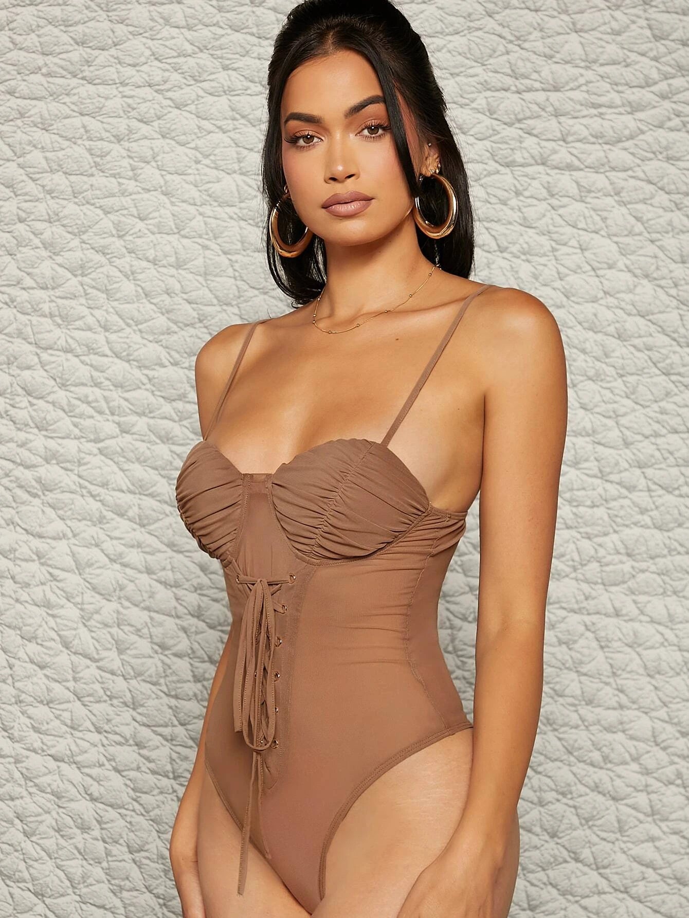 Lace Up Front Ruched Bust Mesh Insert Bodysuit