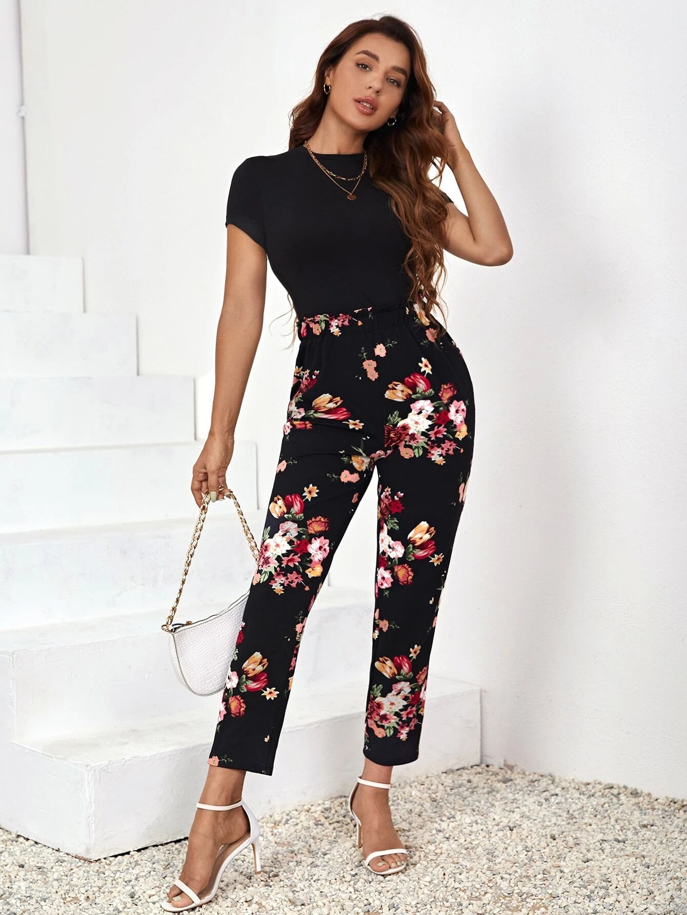Solid Round Neck Tee & Floral Print Pants