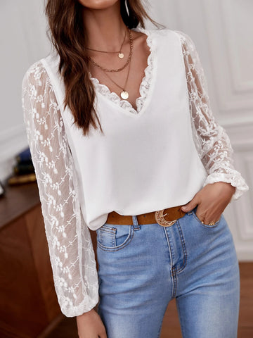 Floral Embroidery Mesh Lantern Sleeve Blouse
