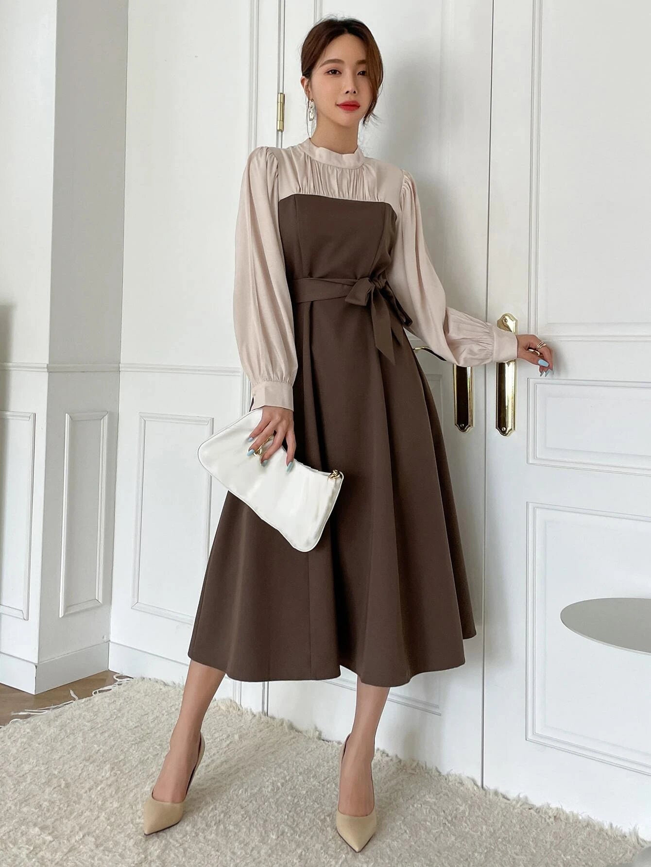 DAZY Two Tone Puff Sleeve Belted Dress
