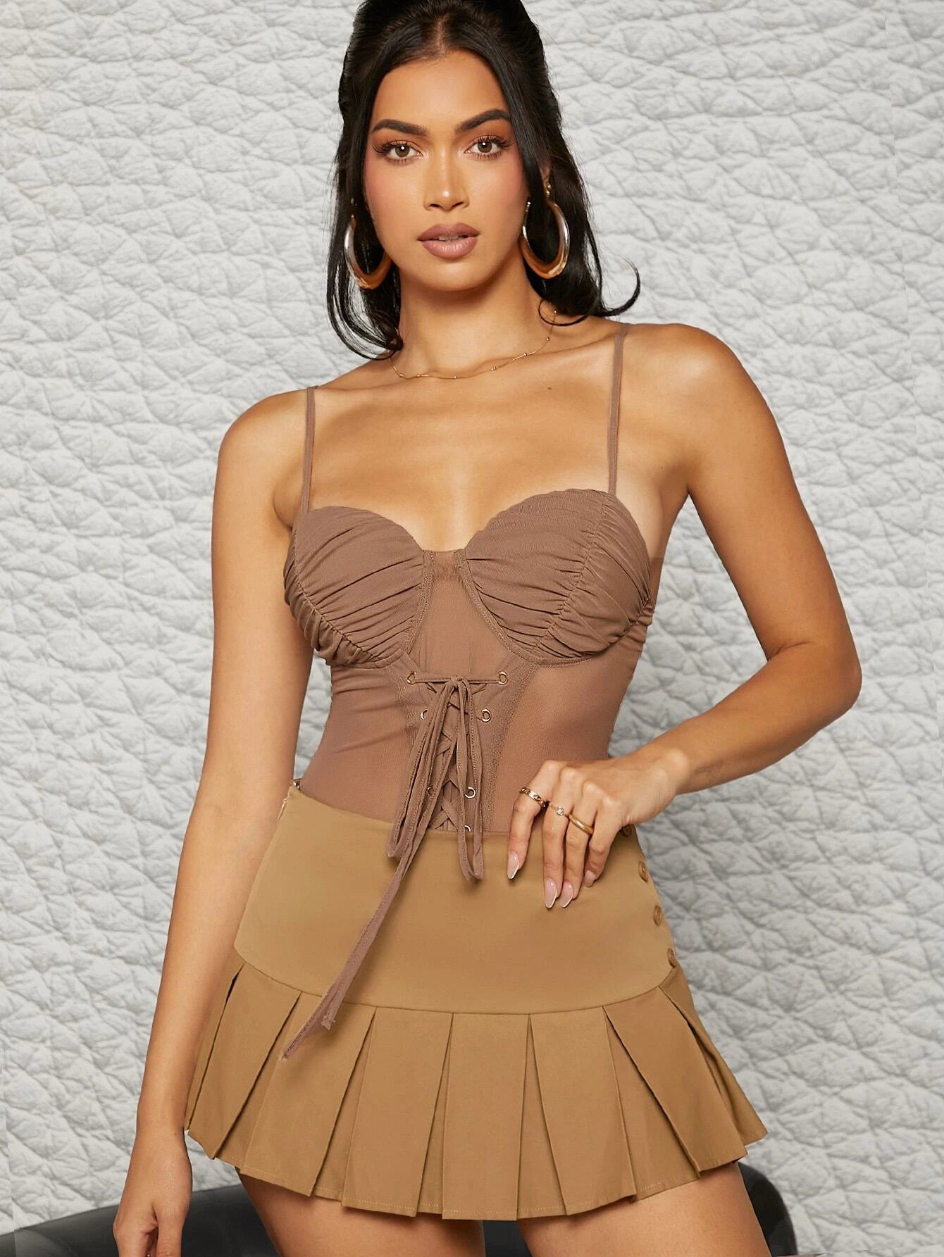 Lace Up Front Ruched Bust Mesh Insert Bodysuit