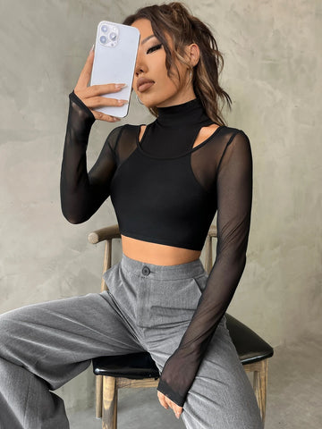 High Neck Cut Out Mesh Top