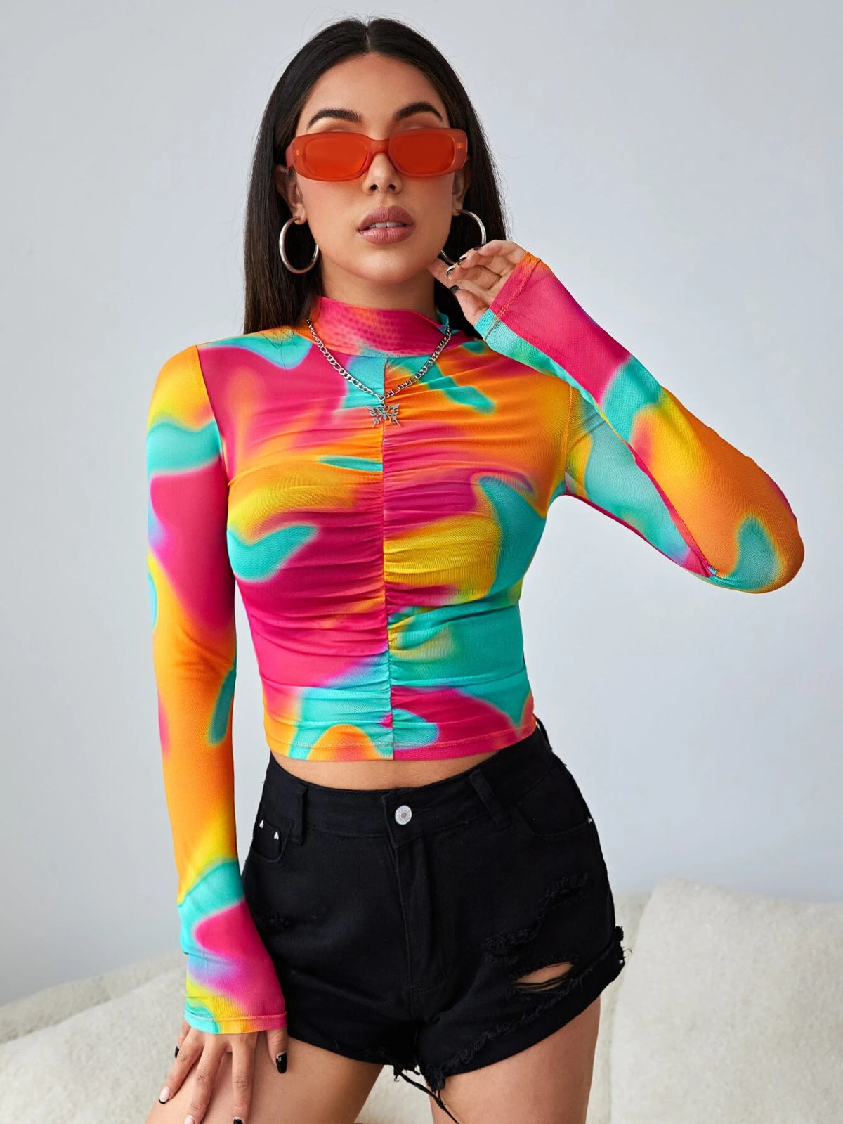 Tie Dye Colorblock Ruched Front Tee