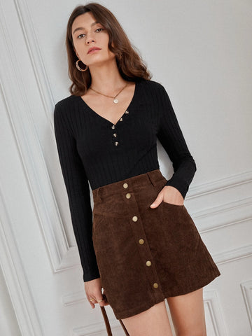 Button Front Corduroy Skirt