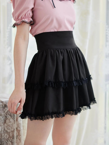 ROMWE Kawaii Solid Frill Contrast Lace Skirt