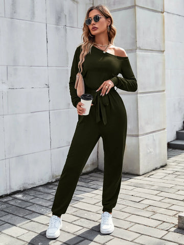 Solid Asymmetrical Neck Belted Jumpsuit