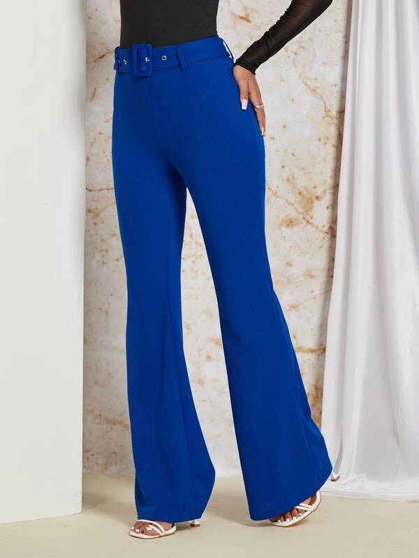 Solid Flare Leg Belted Pants