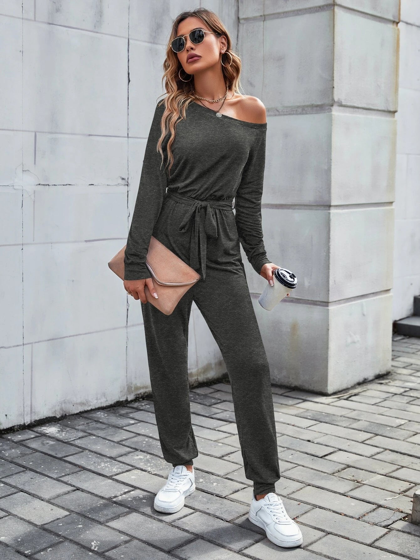 Solid Asymmetrical Neck Belted Jumpsuit
