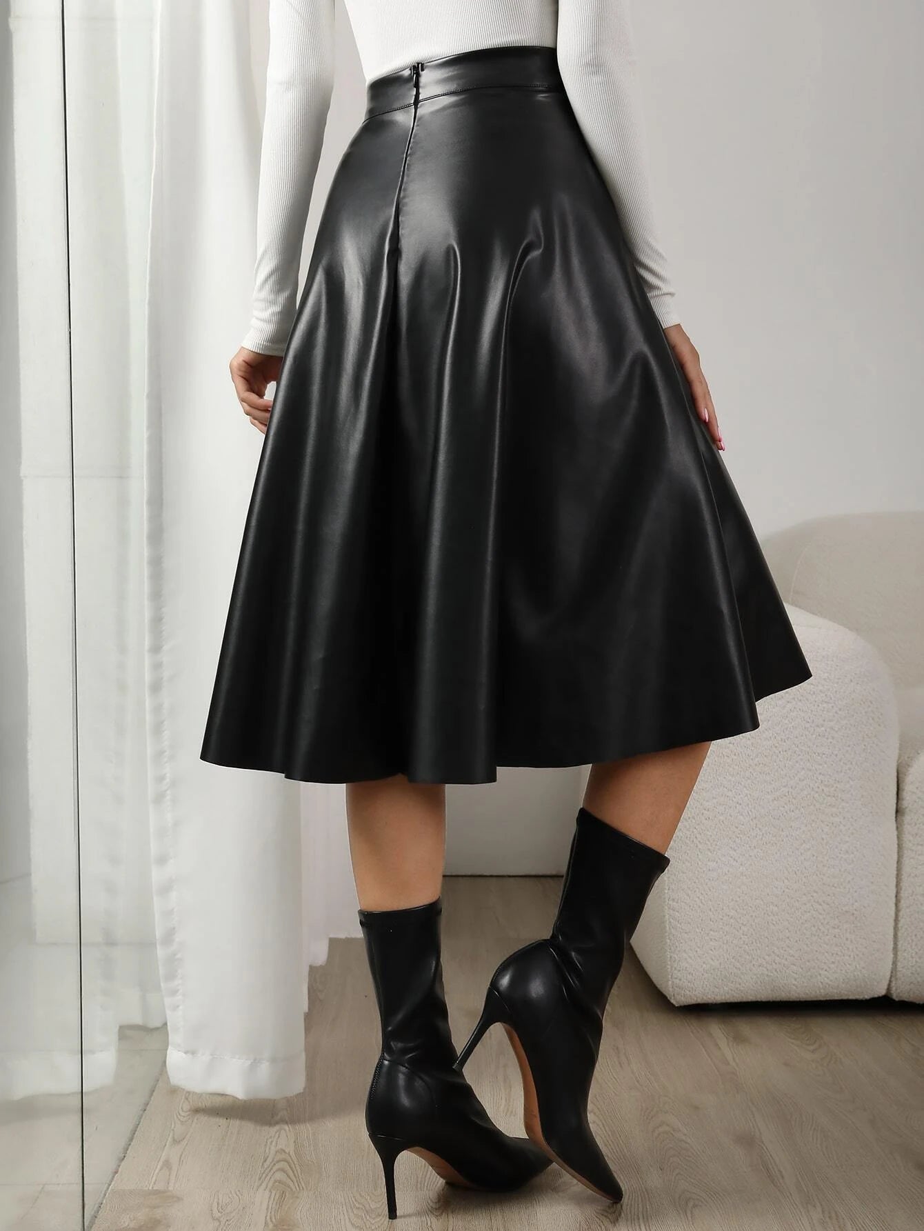 Fuzzy Trim PU Leather Bodycon Skirt