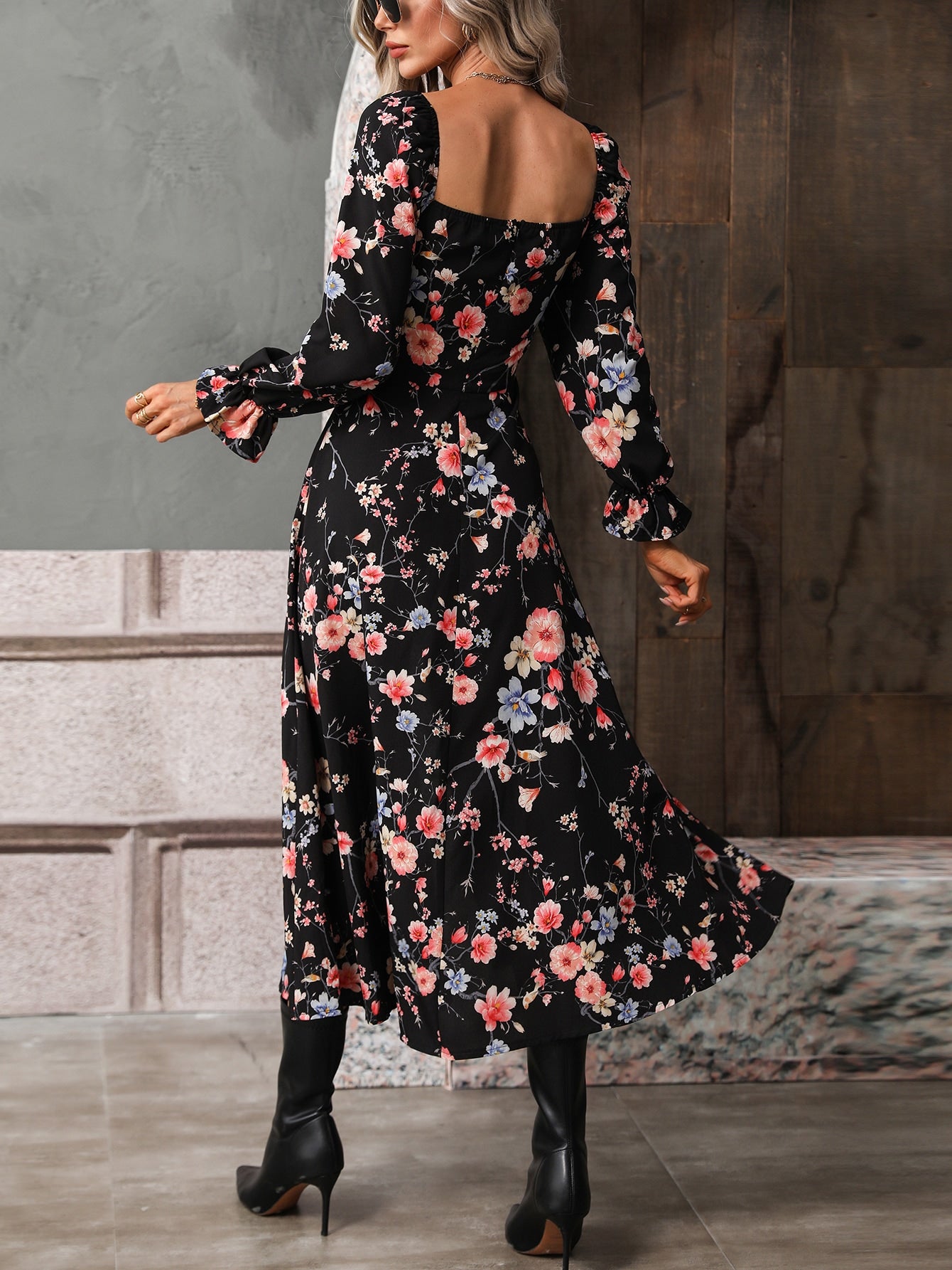 Wedding Guest Dress Allover Floral Square Neck Ruched Bust Puff Sleeve  Split Thigh Dress (Color : Black, Size : Large) : : Clothing,  Shoes & Accessories