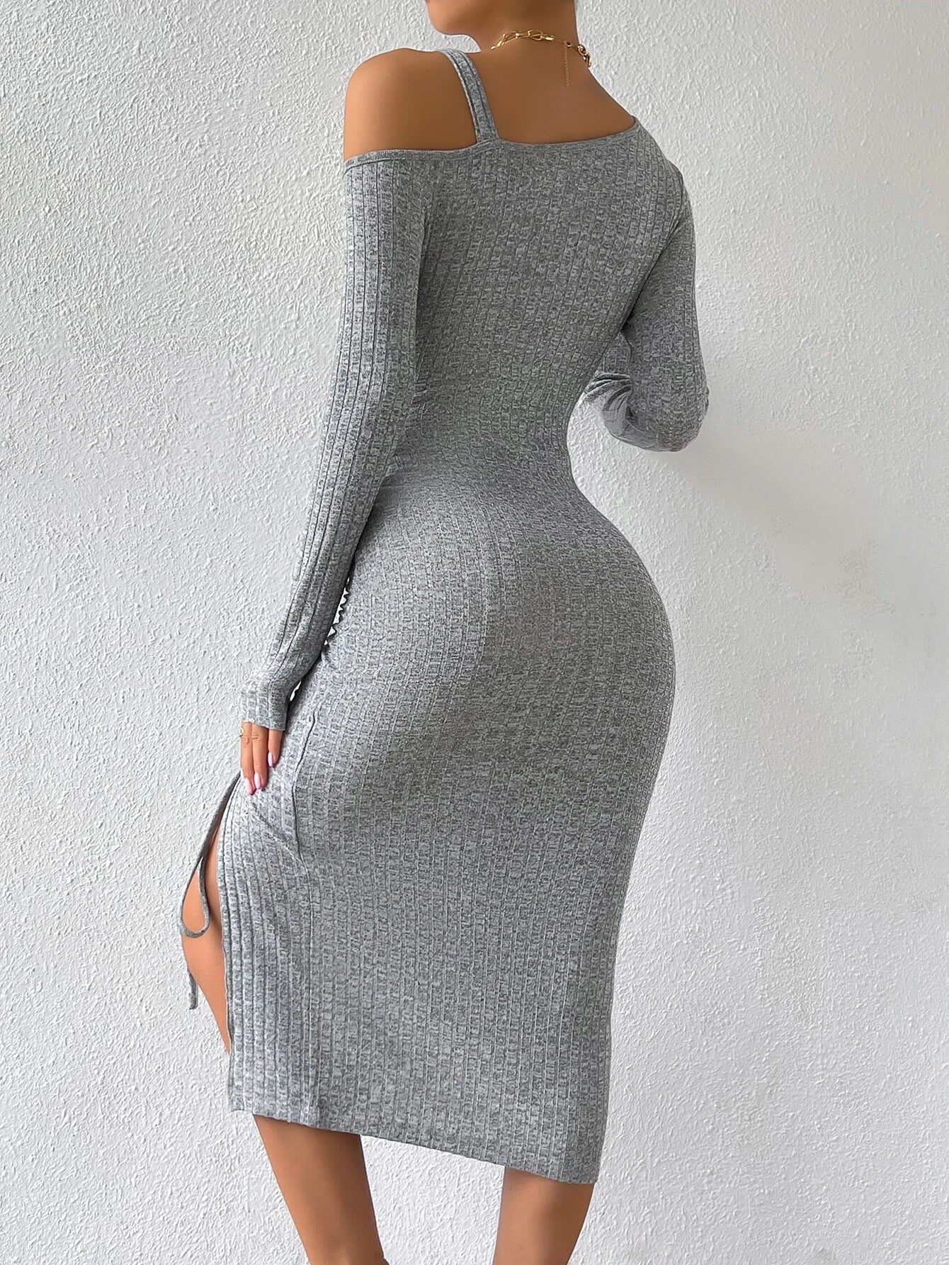 Asymmetrical Neck Drawstring Split Thigh Dress