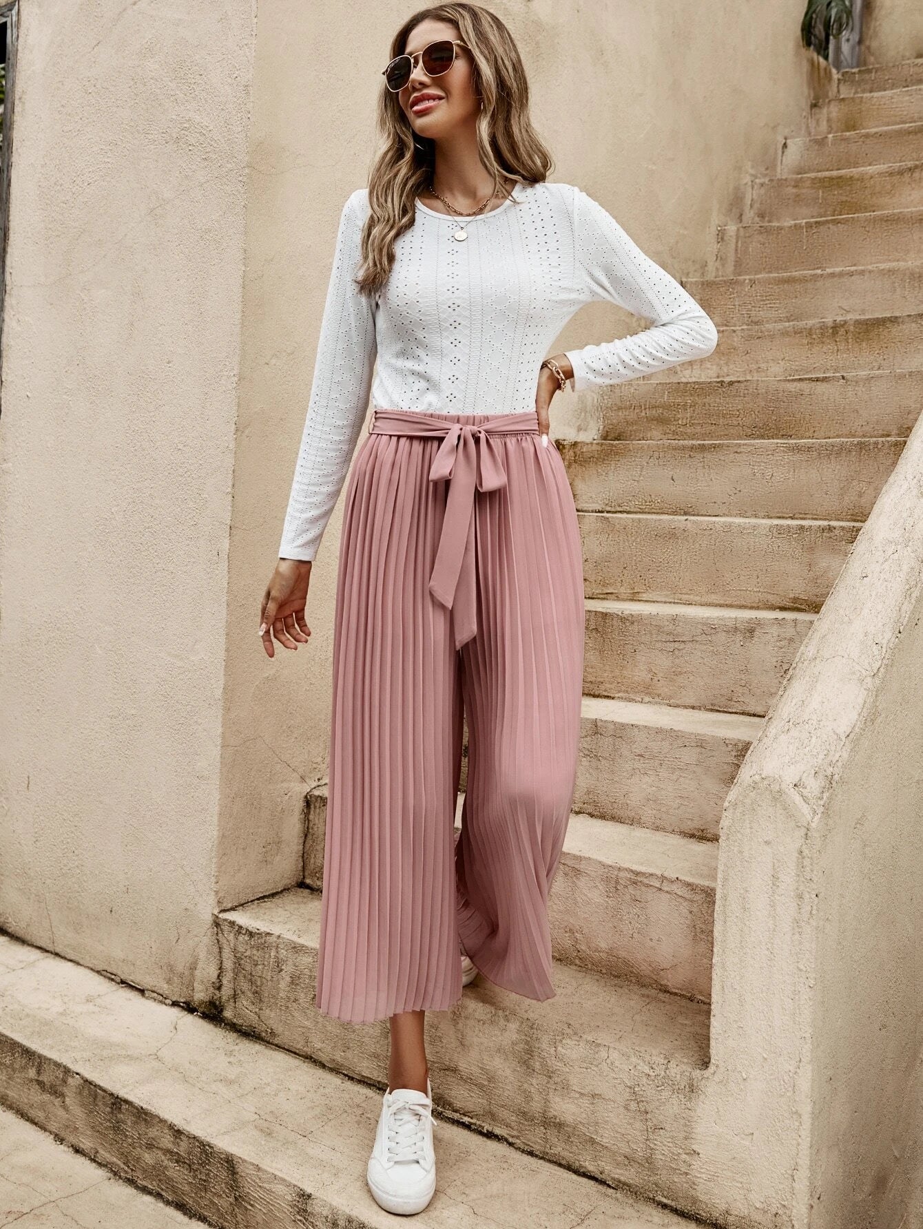 Eyelet Embroidery Tee & Belted Pleated Wide Leg Pants