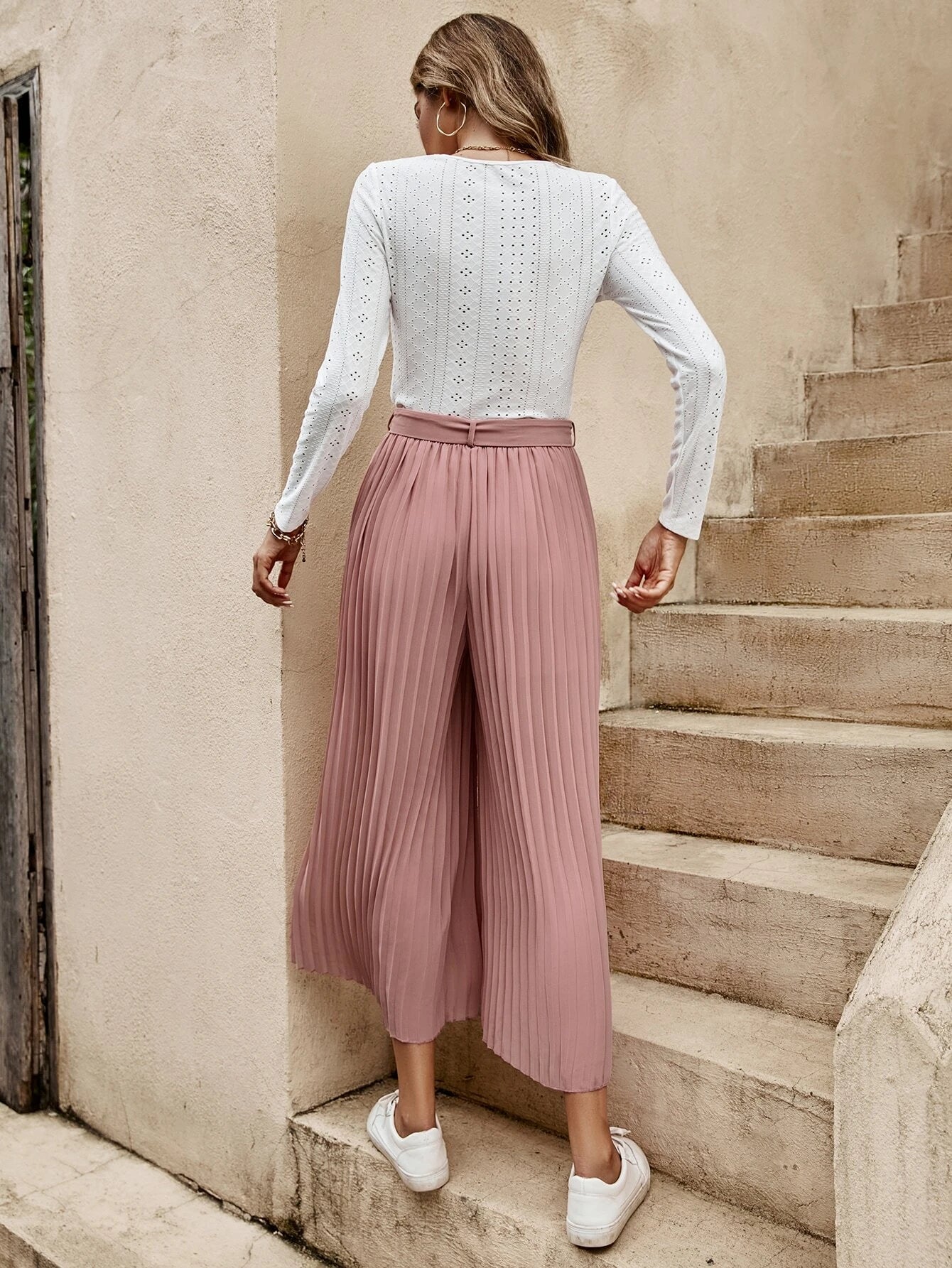 Eyelet Embroidery Tee & Belted Pleated Wide Leg Pants