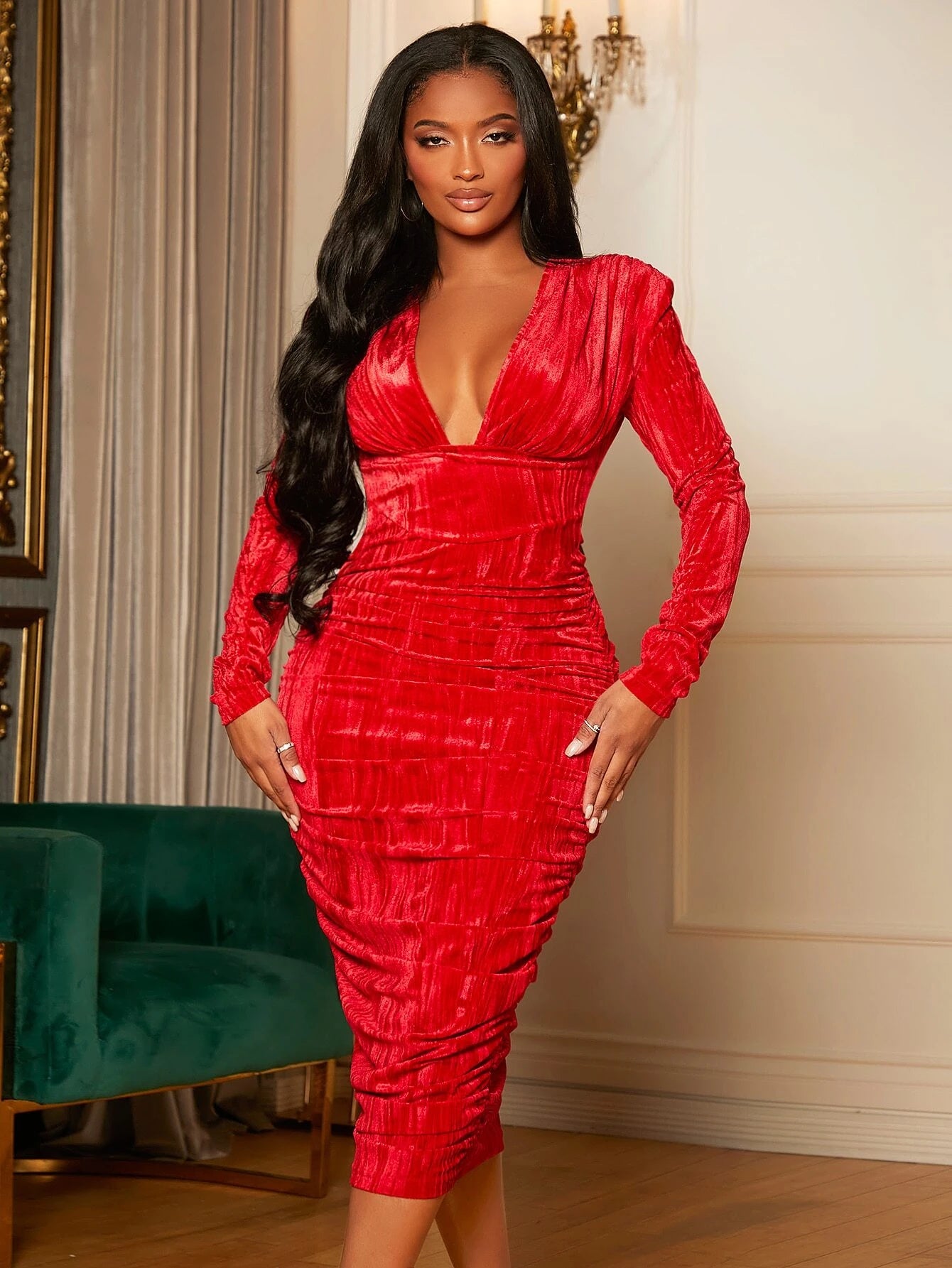 Plunging Neck Ruched Velvet Bodycon Dress