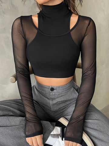 High Neck Cut Out Mesh Top