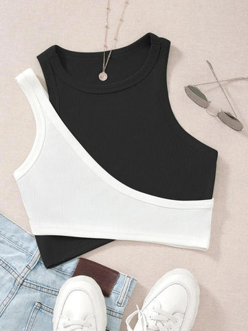 Two Tone Cut Out Crop Tank Top