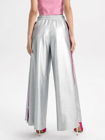 Contrast Snap Button Side Wide Leg PU Leather Pants