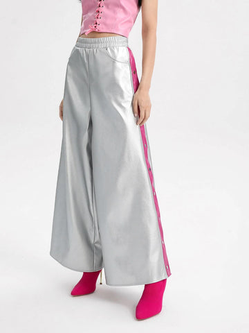 Contrast Snap Button Side Wide Leg PU Leather Pants