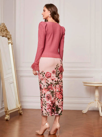 Fuzzy Cuff Tee & Floral Print Split Back Skirt
