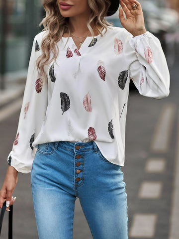 Feather Print Notched Neck Bishop Sleeve Blouse
