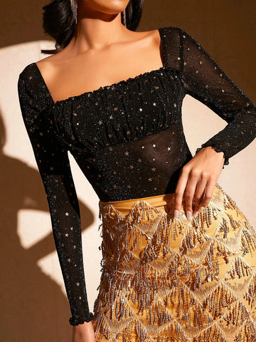 Square Neck Star Sequin Detail Mesh Top