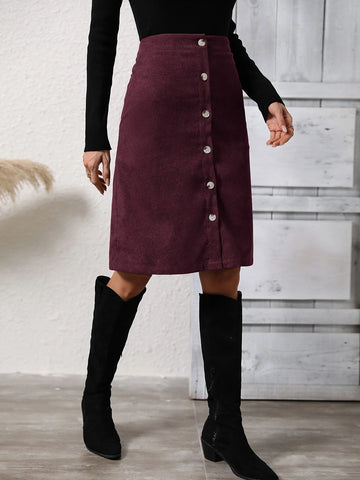 High Waist Button Front Corduroy Skirt