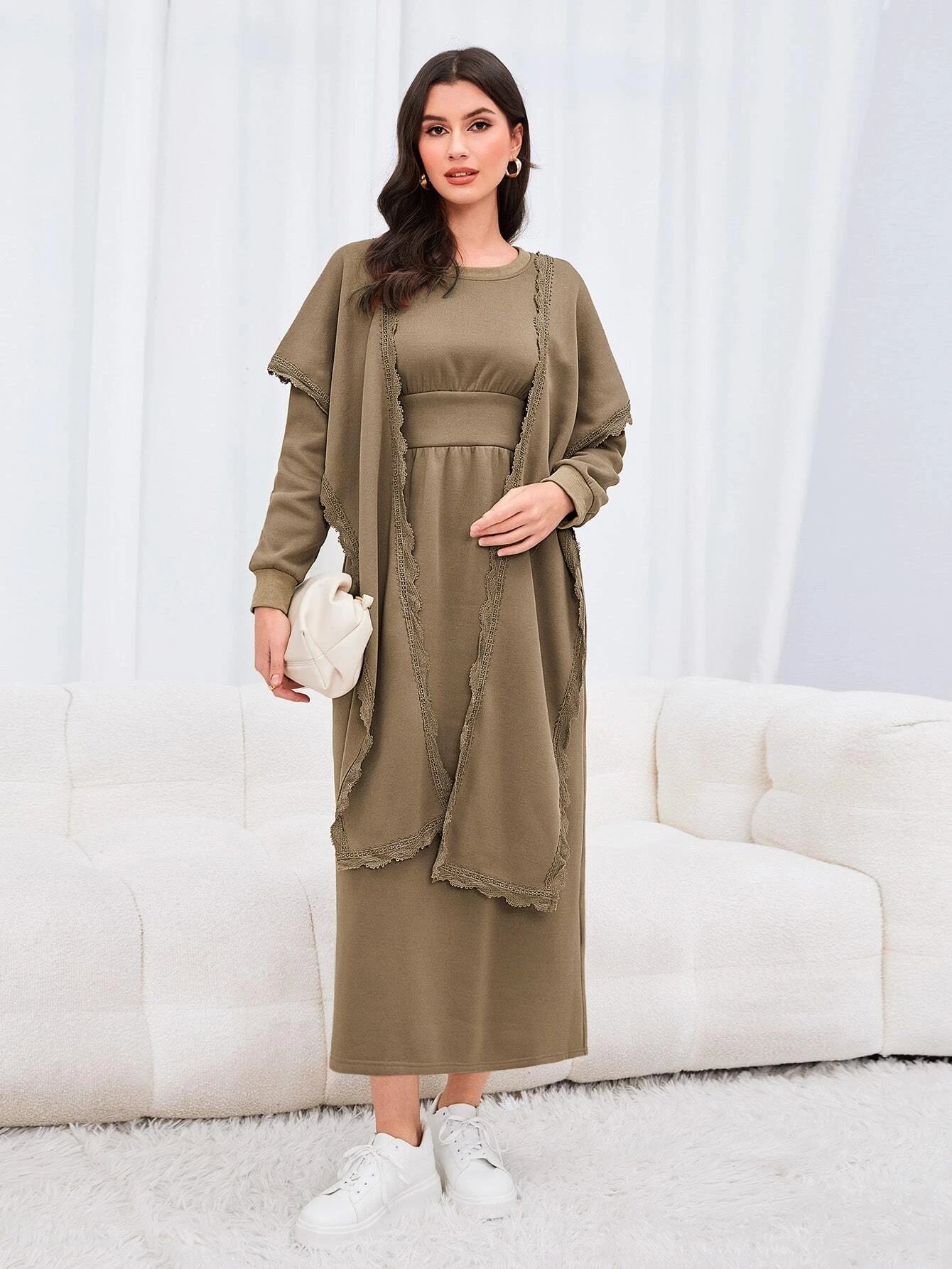 Solid Lace Trim Hooded Top & Dress