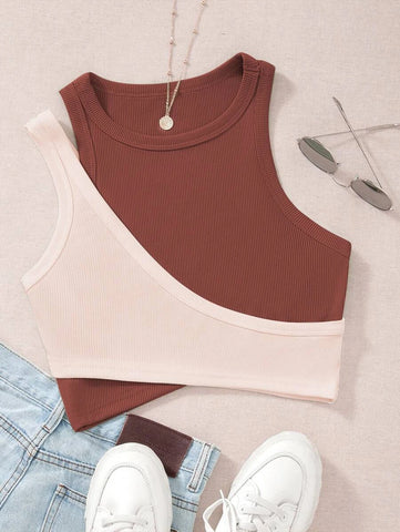 Two Tone Cut Out Crop Tank Top