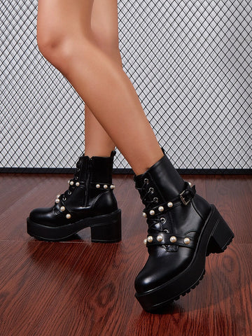 Faux Pearl Decor Lace-up Front Platform Chunky Heeled Combat Boots