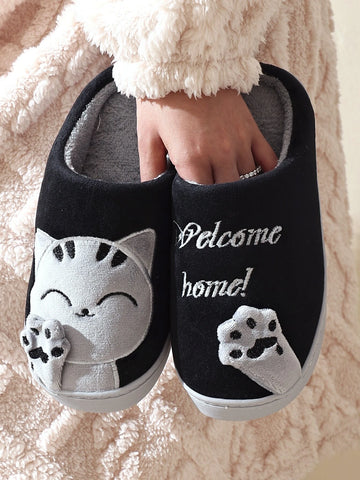 Letter Embroidered Cartoon Cat Decor Novelty Slippers