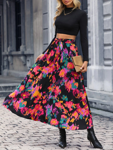 All Over Print Tie Front Flare Skirt