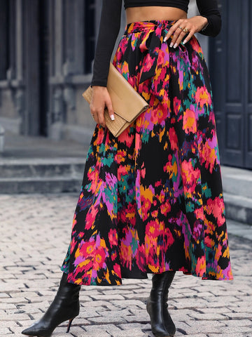 All Over Print Tie Front Flare Skirt