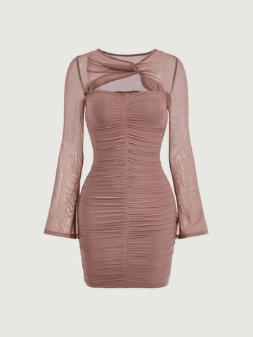 Contrast Mesh Cut Out Ruched Bodycon Dress