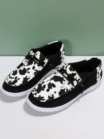 Women Cow Pattern Lace-up Design Casual Shoes, Sporty Outdoor Canvas Shoes