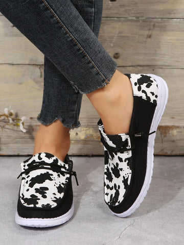 Women Cow Pattern Lace-up Design Casual Shoes, Sporty Outdoor Canvas Shoes