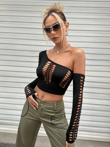 2pcs One Shoulder Cut Out Crop Tee & Arm Sleeve