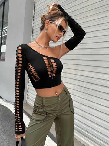 2pcs One Shoulder Cut Out Crop Tee & Arm Sleeve