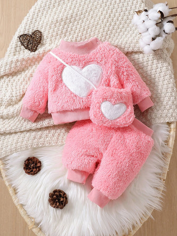 Baby Heart Embroidery Teddy Pullover & Pants & Bag