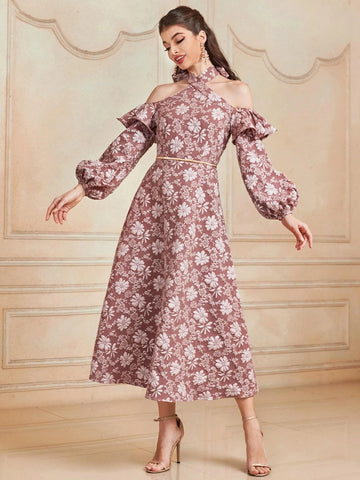 1pc Floral Print Cold Shoulder Ruffle Trim Dress
